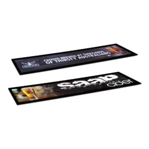 Promotional custom large counter mat for bar. Featuring Arvo and Saap Cider logos and imagery