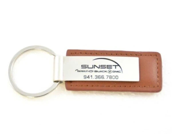 Custom brown leather and silver metal keyring in a rectangle shape