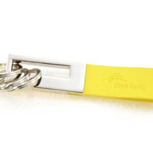 Custom split yellow leather keyring made from zinc alloy which has a white finish, split leather and 3 split rings.