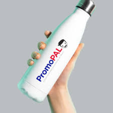 White metal water bottle with PromoPAL logo being held with a grey background