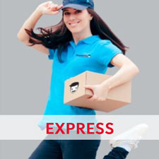 woman in blue shirt with a blue cap on and holding a cardboard box with PromoPAL logo for PromoPal 24 hours Express Product