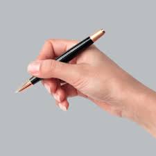 Quality promotional black and gold pen being held by a hand with a grey background